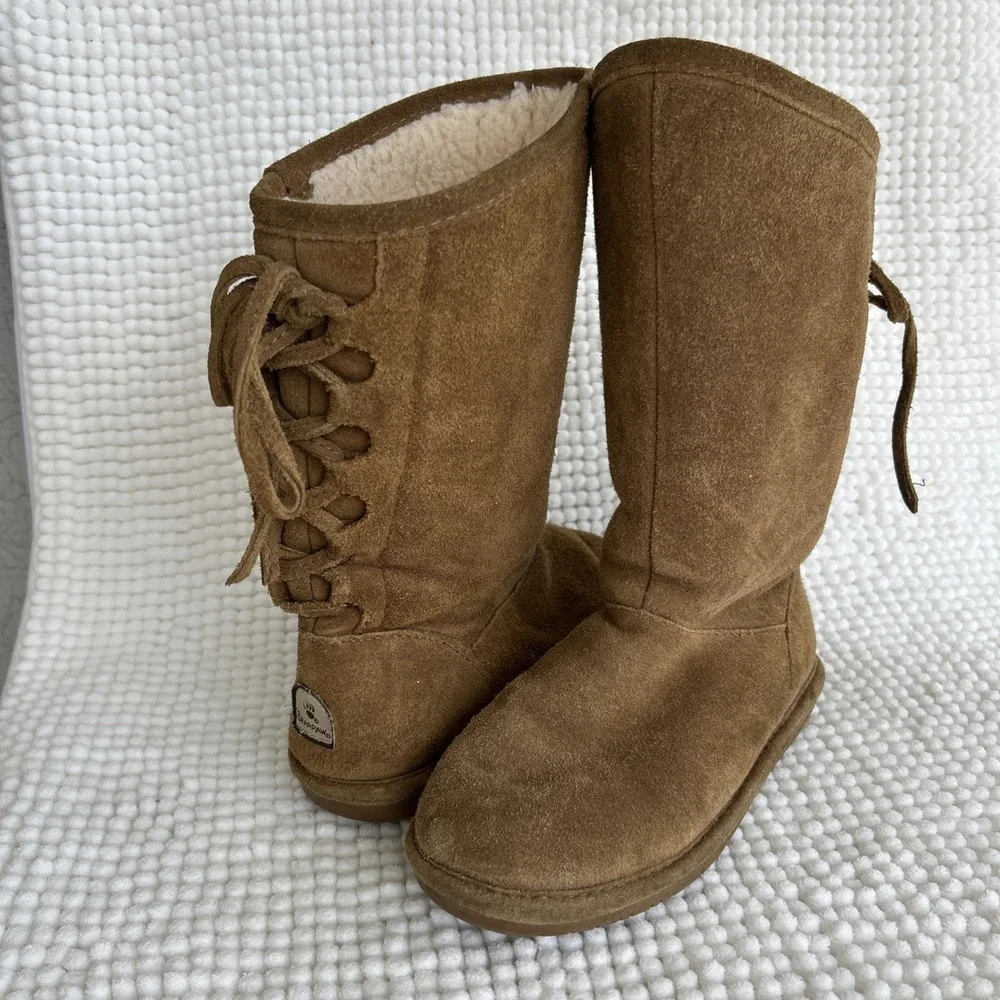 Bearpaw Phylly‎ Youth Size 2 Boots Suede Lace Up Back Slip On Tan Sherpa Lined